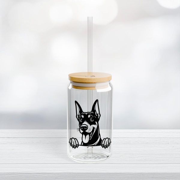 Can Shaped Glass With Lid and Straw: Peeking Doberman - Image 2