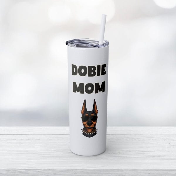 20oz Skinny Glitter Tumbler with Straw, Dobie Mom - Image 10