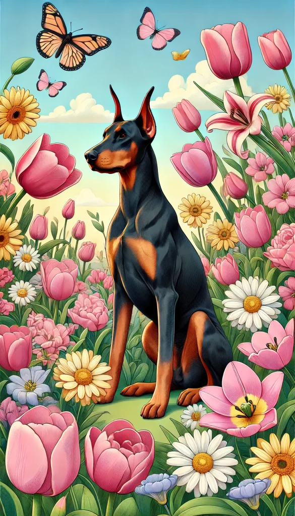 A vibrant spring scene with a Doberman sitting amidst blooming flowers (like tulips or daisies) in soft pastel tones.