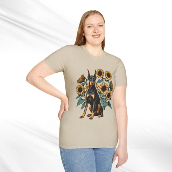 Doberman Sunflower Cotton T-Shirt - Floral Dog Portrait Design - Image 5