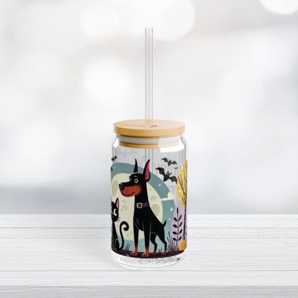 16oz Glass Can with Lid And Straw - Halloween Doberman & Black Cat Design, 16oz