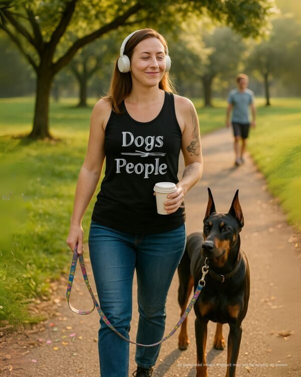 Dog mom walking her Doberman in a quiet park, headphones in, coffee in hand, proudly wearing the tank. Camera captures a subtle smirk as someone tries (and fails) to read the graphic. Vibe: serene, private, powerfully introverted.