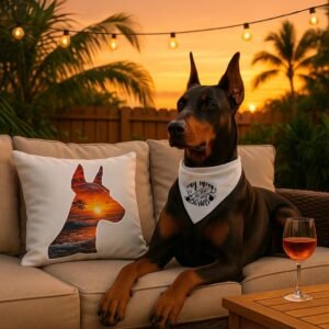 Sunset Doberman Outdoor Throw Pillow – Summer Vibes Edition (Reversible)