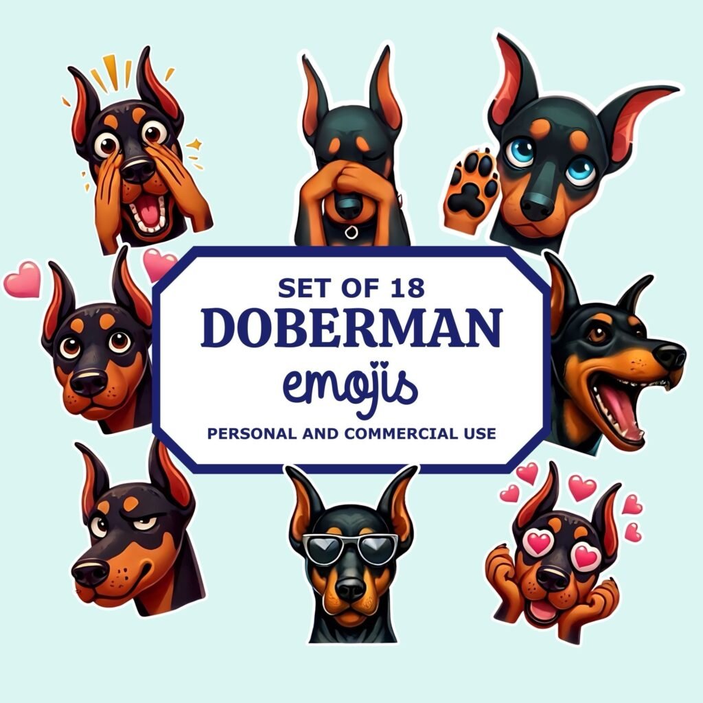 Doberman Emoji Clipart Pack – 18 Bold & Hilarious Dobie Emotes (PNG + SVG, Digital Download)