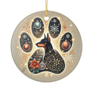 Christmas Doberman Paw Print Ornament – Ceramic Keepsake with Gold Hanging String