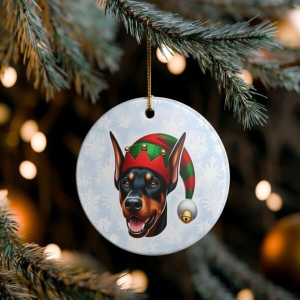 Doberman Elf Emoji Ceramic Ornament – Holiday Sass with Snowflake Backdrop - Image 5