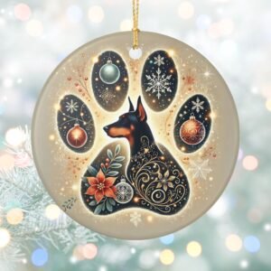 Christmas Doberman Paw Print Ornament – Ceramic Keepsake with Gold Hanging String