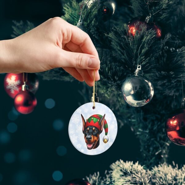 Doberman Elf Emoji Ceramic Ornament – Holiday Sass with Snowflake Backdrop - Image 6