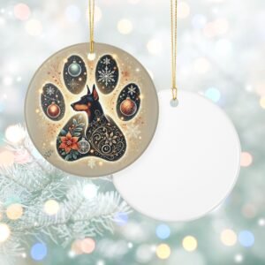 Christmas Doberman Paw Print Ornament – Ceramic Keepsake with Gold Hanging String