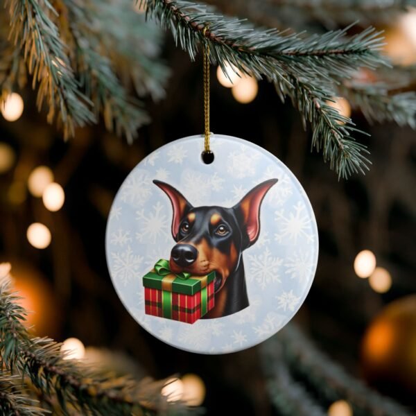 Doberman Gift Giver Ceramic Ornament – Holiday Charm with Snowflake Background - Image 3