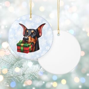 Doberman Gift Giver Ceramic Ornament – Holiday Charm with Snowflake Background