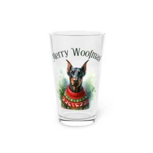 Doberman Holiday Pint Glass “Merry Woofmas” – 16oz Cheer with Ears