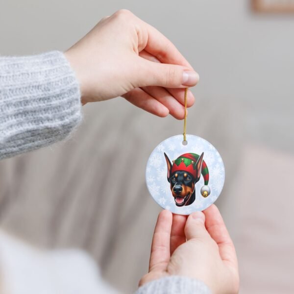 Doberman Elf Emoji Ceramic Ornament – Holiday Sass with Snowflake Backdrop - Image 7