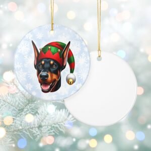 Doberman Elf Emoji Ceramic Ornament – Holiday Sass with Snowflake Backdrop