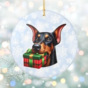 Doberman Gift Giver Ceramic Ornament – Holiday Charm with Snowflake Background