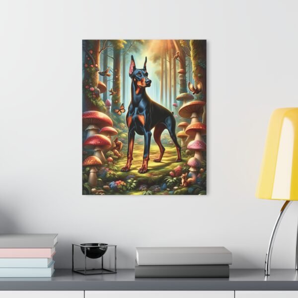 Acrylic Print “Doberman Sentry of the Shrooms” – Luxury Wall Art from the Mystical Forest Doberman Series