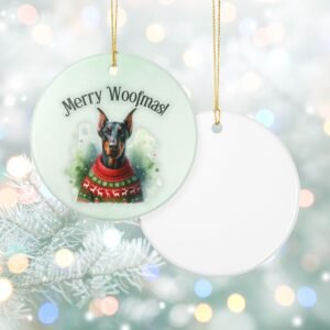 Doberman Sweater Ceramic Ornament “Merry Woofmas!” – Festive AF and Dobie Approved