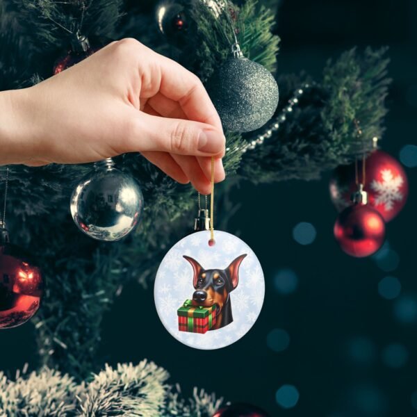 Doberman Gift Giver Ceramic Ornament – Holiday Charm with Snowflake Background - Image 7