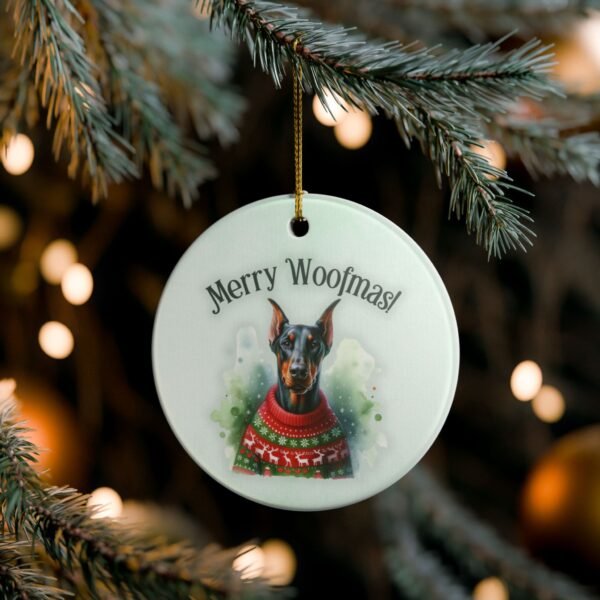Doberman Sweater Ceramic Ornament "Merry Woofmas!" – Festive AF and Dobie Approved - Image 3