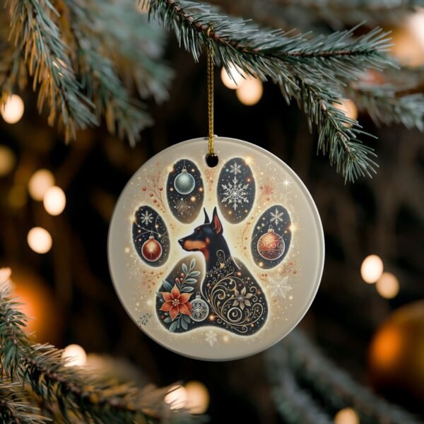Christmas Doberman Paw Print Ornament – Ceramic Keepsake with Gold Hanging String - Image 3