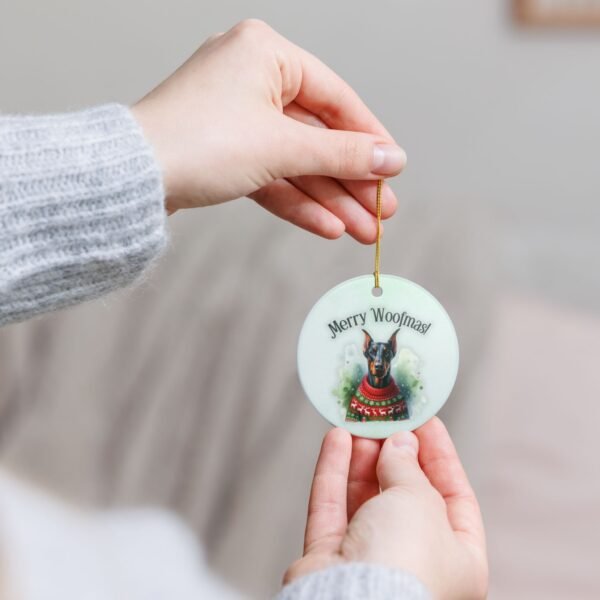 Doberman Sweater Ceramic Ornament "Merry Woofmas!" – Festive AF and Dobie Approved - Image 4
