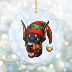 Doberman Elf Emoji Ceramic Ornament – Holiday Sass with Snowflake Backdrop
