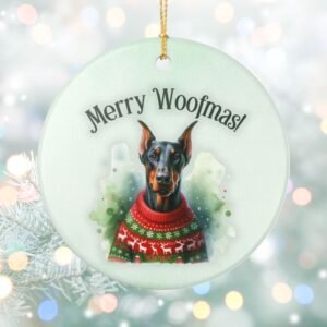 Doberman Sweater Ceramic Ornament “Merry Woofmas!” – Festive AF and Dobie Approved