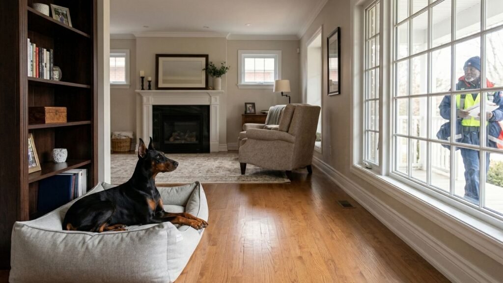 A black and rust Doberman holding a strict "place" command on a dog bed in an Ontario living room, calmly watching a mail carrier through the front window.