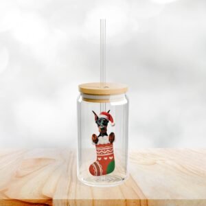 Christmas Doberman Glass Tumbler with Straw