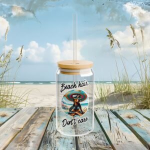 Beach Hair Doberman Glass Tumbler with Straw
