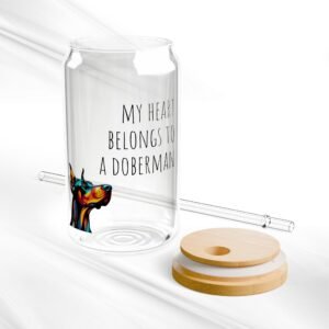 Can Shaped Glass With Lid and Straw: My heart belongs to a Doberman