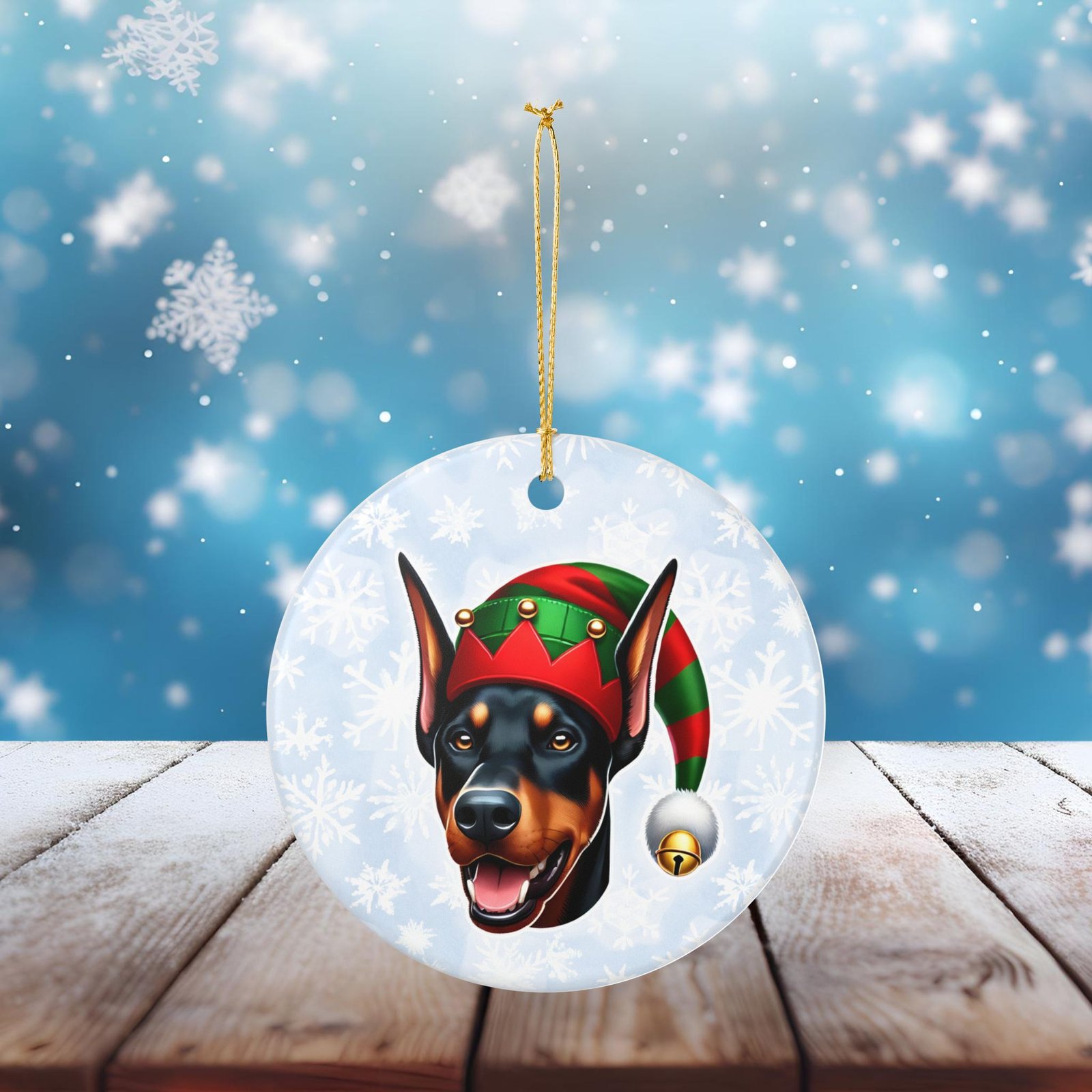 Doberman Elf Emoji Ceramic Ornament - Image 4