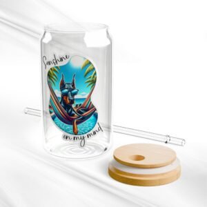 Can Shaped Glass With Lid and Straw: Sunshine On My Mind Doberman