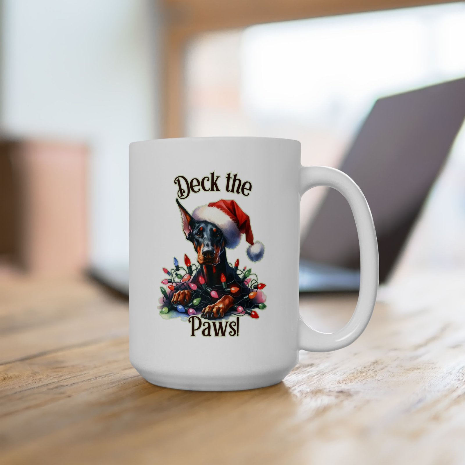 Ceramic Mug: Deck the Paws Holiday Doberman - Perfect Christmas Pet Lover Gift
