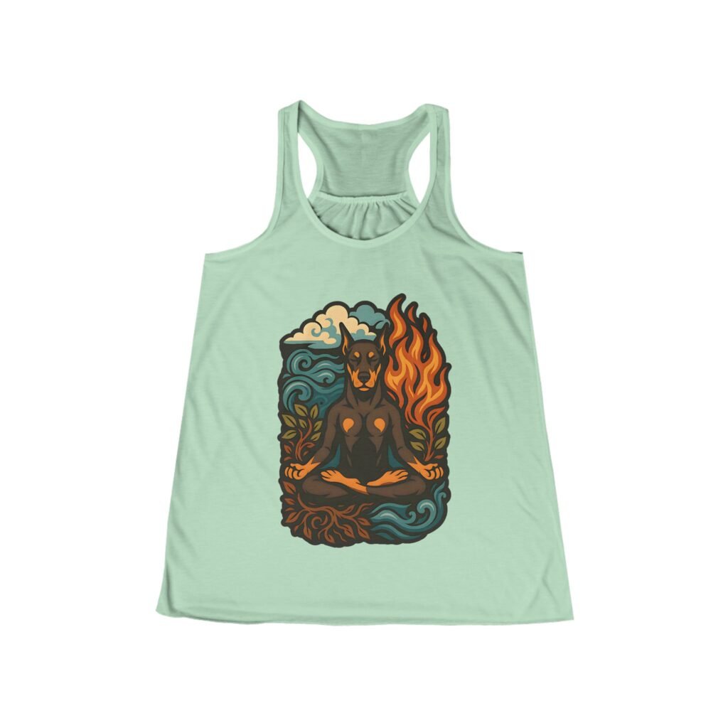 Meditating Doberman Women’s Flowy Racerback Tank – Lightweight Relaxed Fit, Supports Doberman Rescue