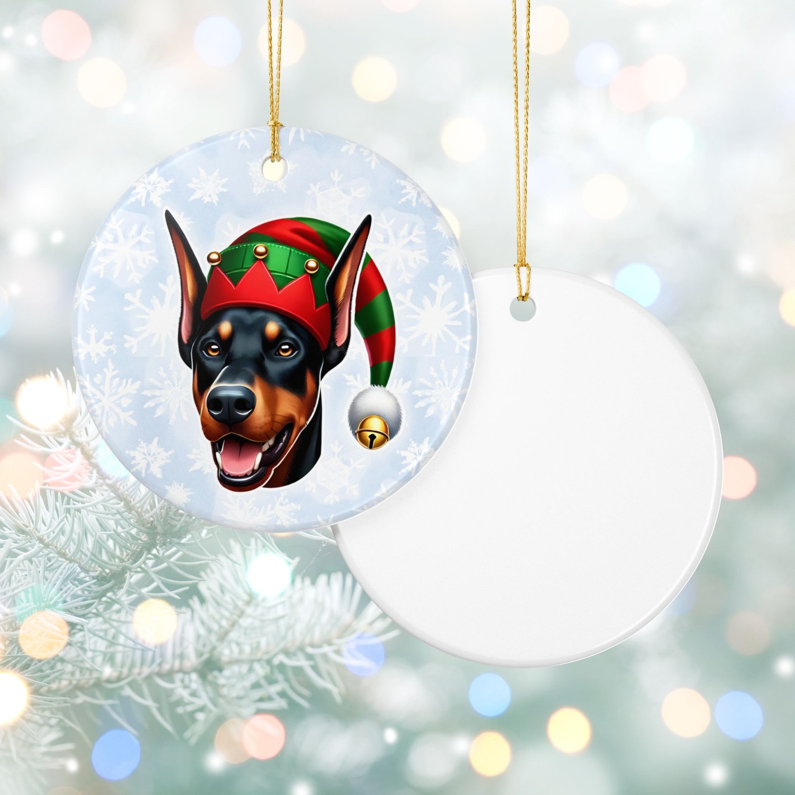 Doberman Elf Emoji Ceramic Ornament - Image 2