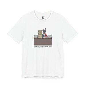 Office Doberman at Desk T-Shirt — Unhinged Animal Bureaucracy, Adulting Animal Illustration
