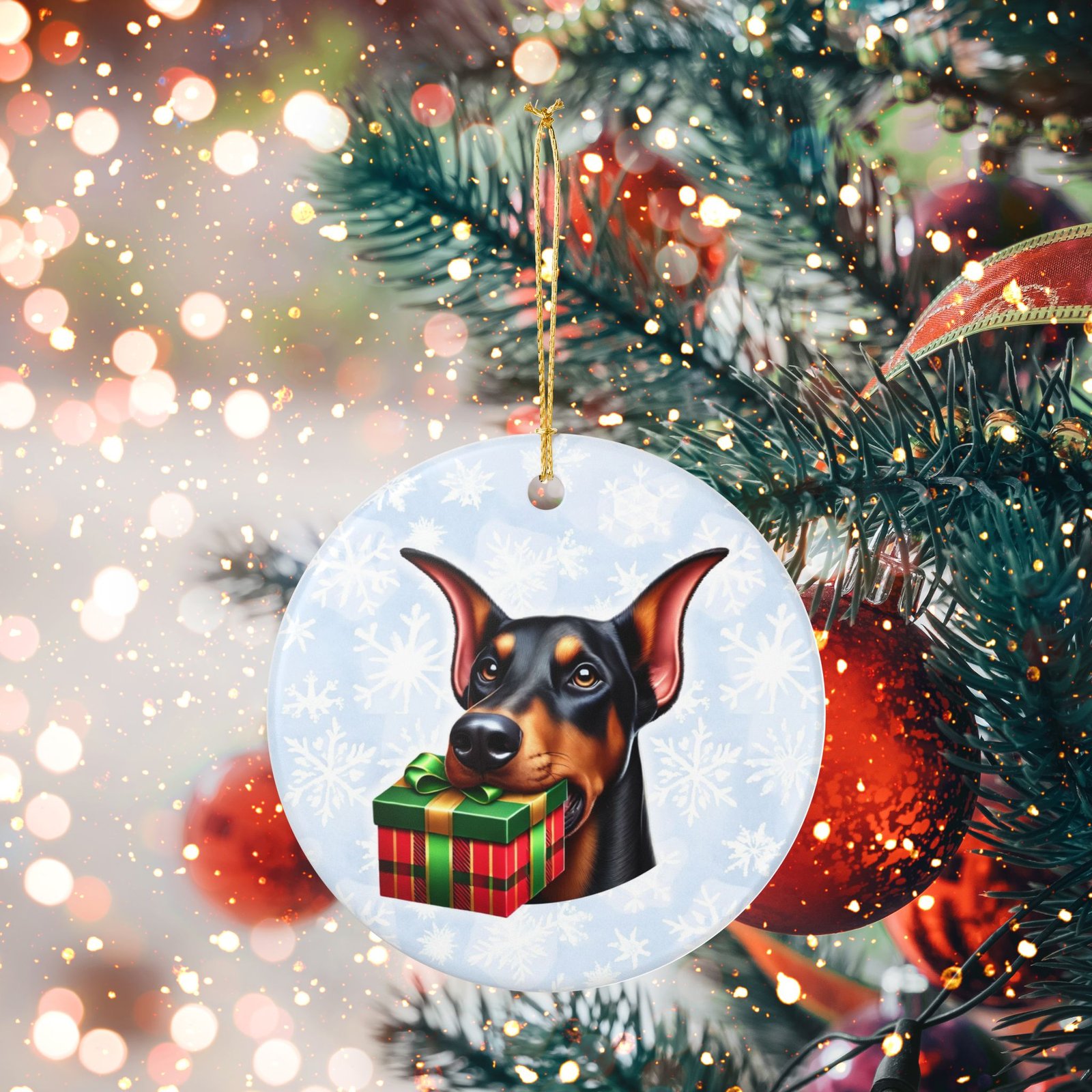 Doberman Gift Giver Ceramic Ornament - Image 5