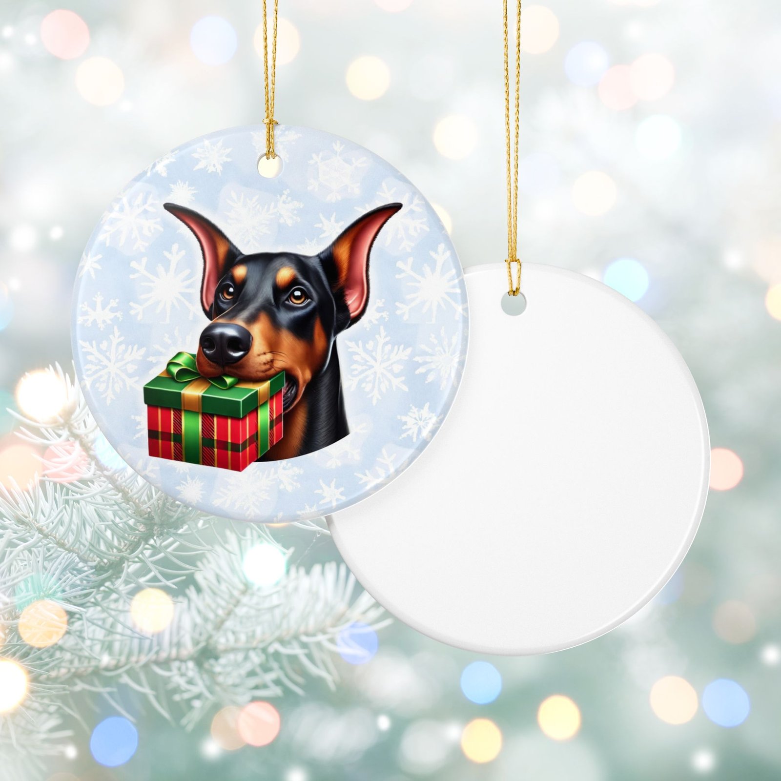 Doberman Gift Giver Ceramic Ornament - Image 2