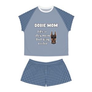 Women's Pajama Shorts Set - Sleep in Style, Support Dobermans - Dobie Mom Design With Blue Plaid Pattern Bottoms And Sleeves