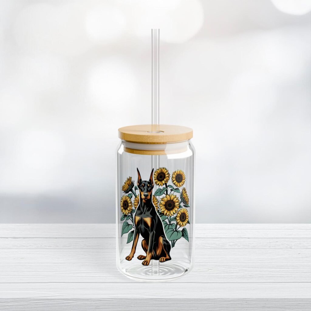 Can Shaped Glass, 16oz: Doberman with Sunflowers