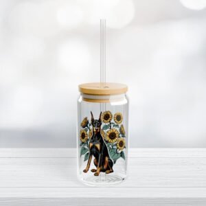 Can Shaped Glass, 16oz: Doberman with Sunflowers