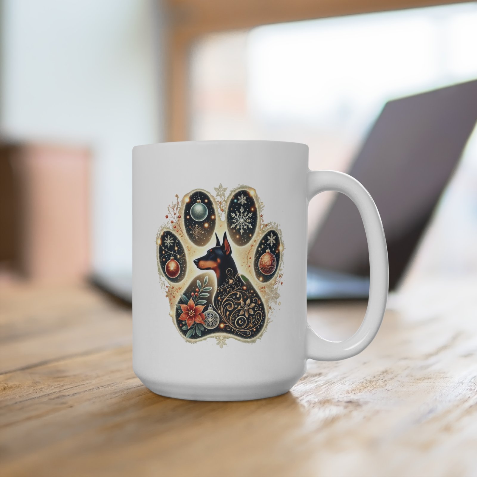 Christmas Doberman Paw Art 15oz Ceramic Mug