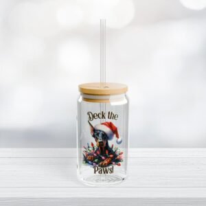 Christmas Doberman Glass Tumbler "Deck The Paws"