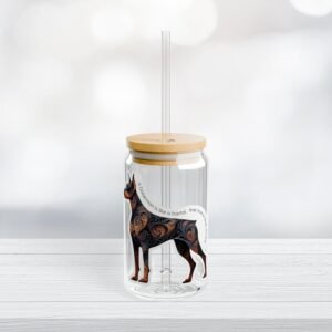 Doberman Fractal 16oz Glass Tumbler with Straw
